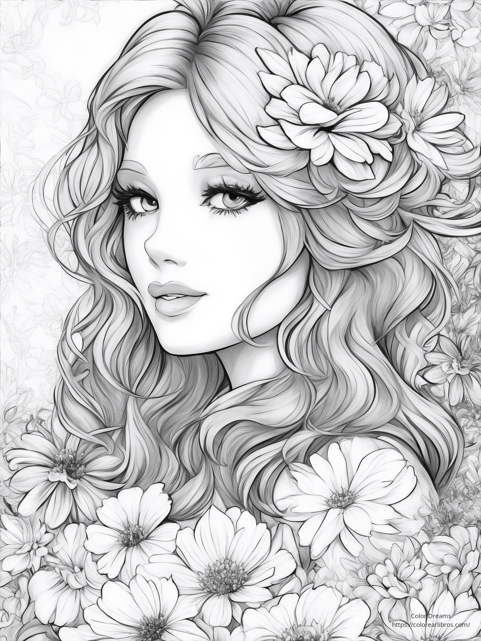 Mujer y Flores para colorear GRATIS | DESCARGA INMEDIATA – Color Dreams